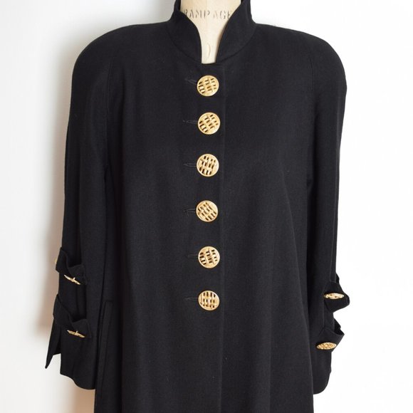 vintage 80s coat jacket black wool trapeze military brass button L XL clothing - Picture 2 of 7